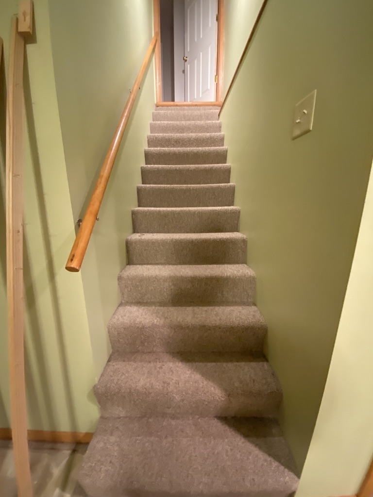 Your typical basement stairs game: budget carpeting. 😭