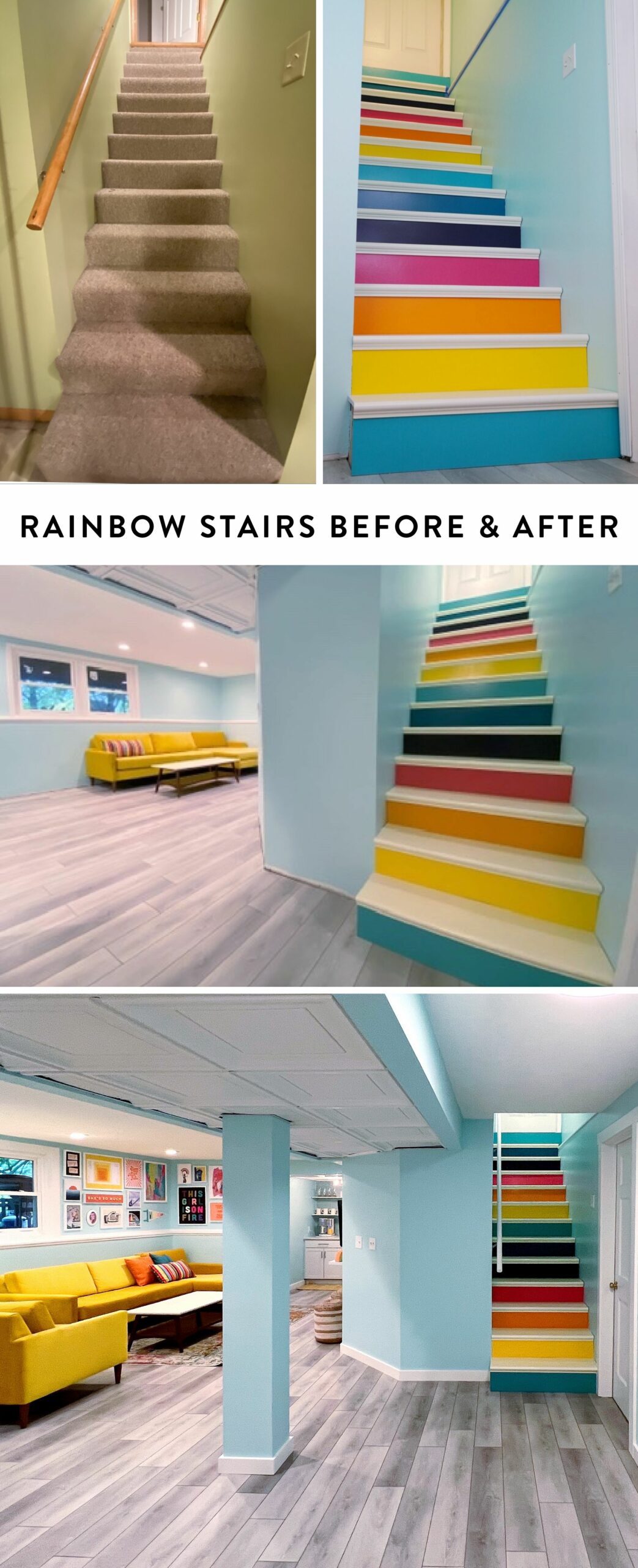 Rainbow stairs before and after - basement renovation for the Home Office Palace by Rachael Kay Albers, RKA INK